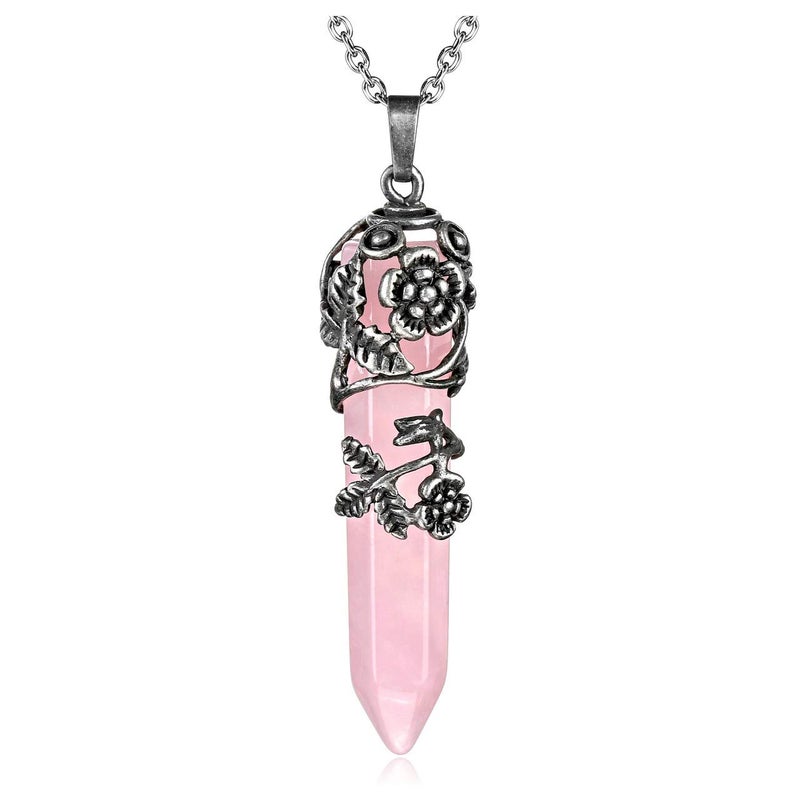Top Plaza Antique Silver Flower Wrapped Natural Rose Quartz Healing Crystal Necklace Mothers Day Mom Gifts - Image 1